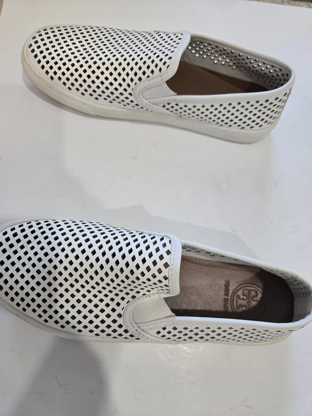 Tory Burch White Perforated Leather Slip-Ons with Brown Insole